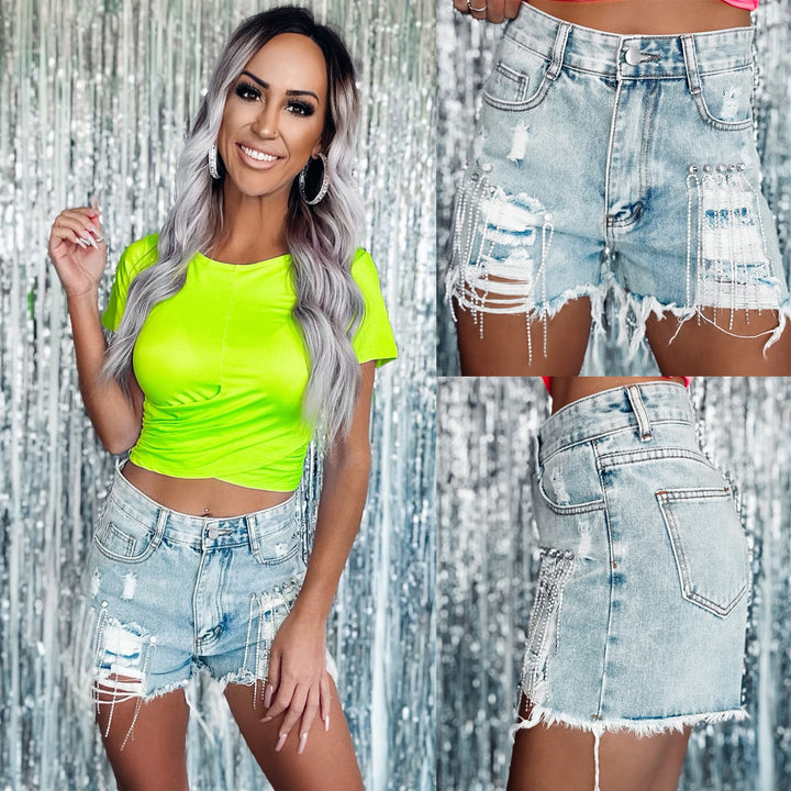 Dame Ødelagte Denim-Shorts med glitrende pynt Stilla