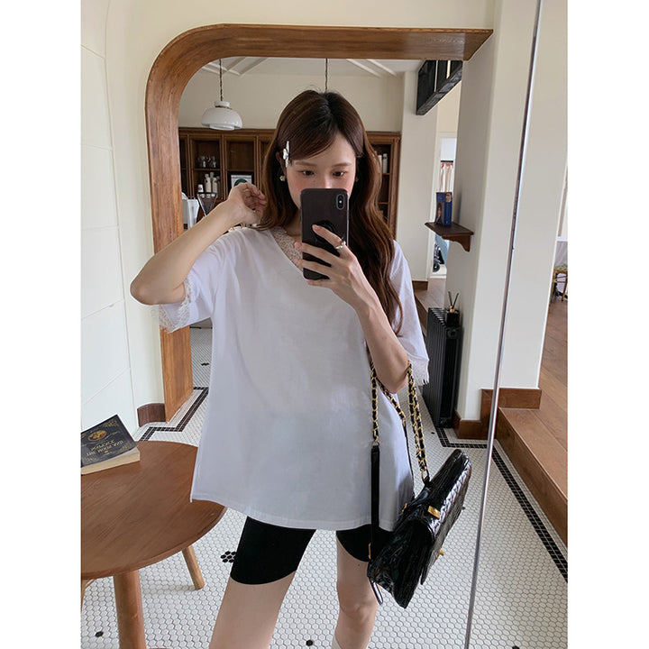 Dame Oversized T-shirt med sarte spidsede detaljer og V-udskæring Stilla