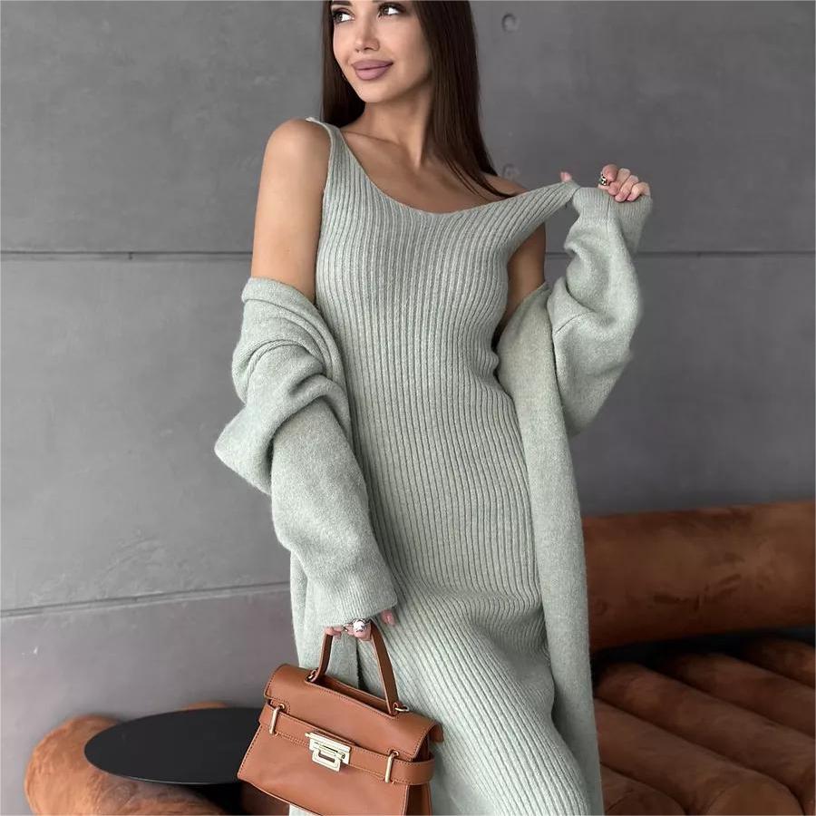 Dame ribstrik kjole med lang cardigan Stilla