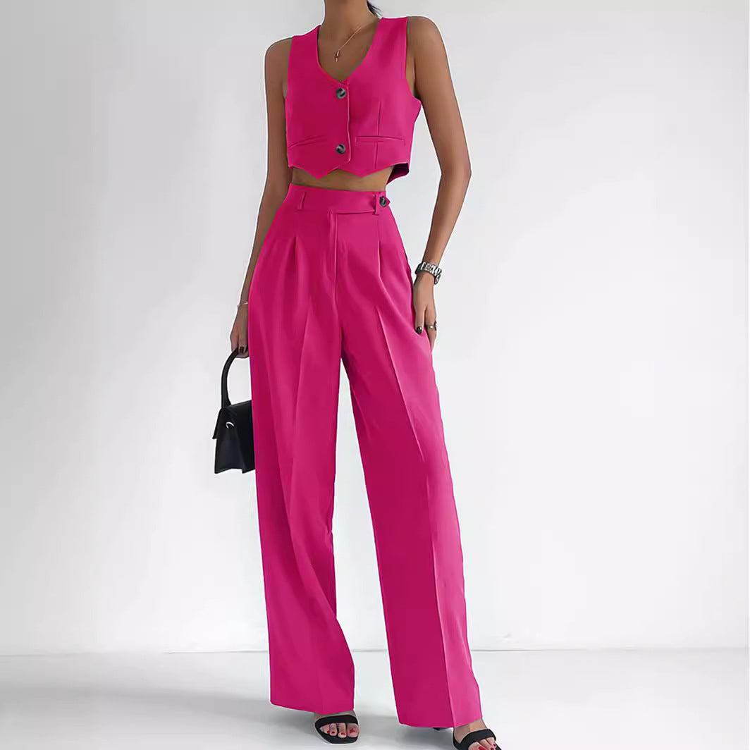Dame Fashionable To-del-set med figursyet overdel og elegante, brede bukser Stilla