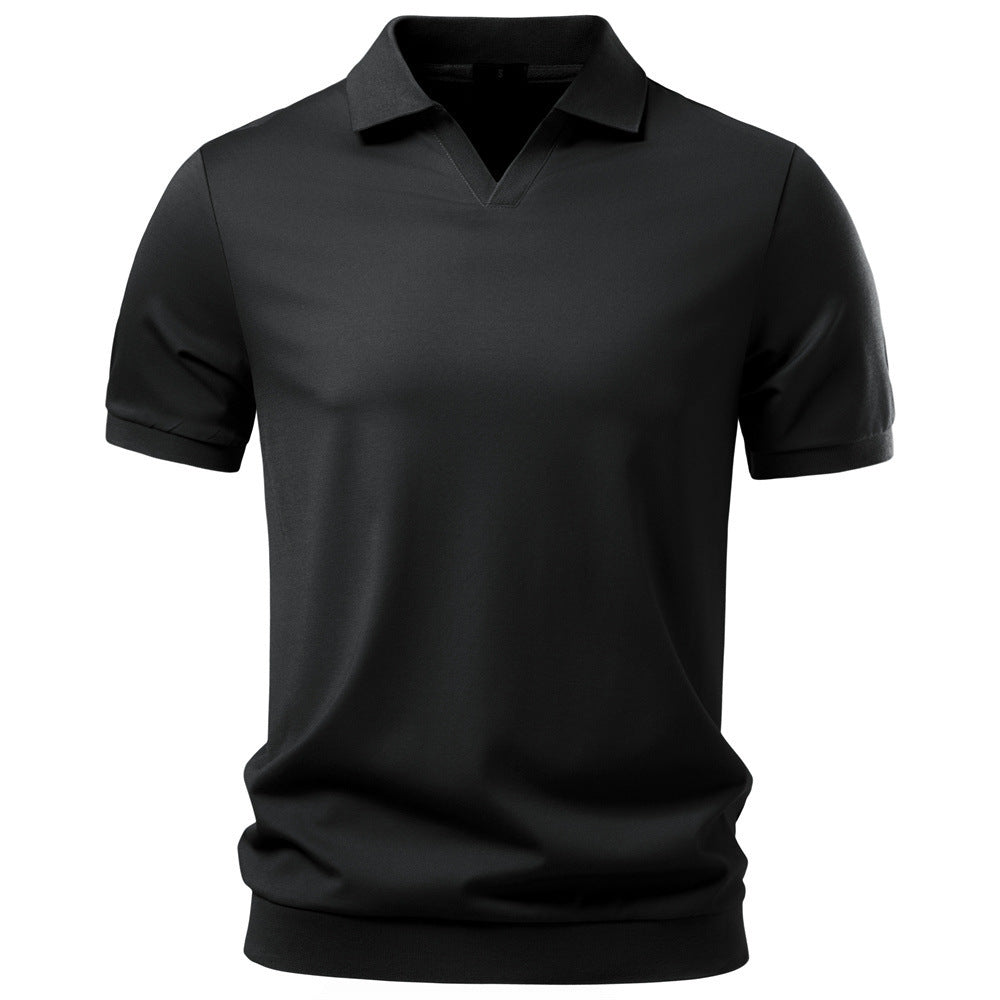 Herren nan finstrikket kortærmet poloshirt med åbent V-krave og elastisk kant Skovae