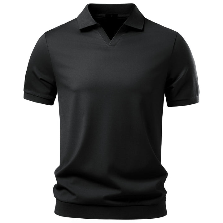 Herren nan finstrikket kortærmet poloshirt med åbent V-krave og elastisk kant Skovae