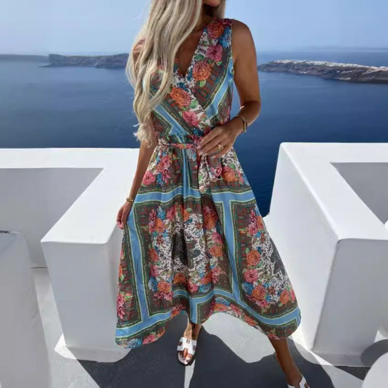 Dame Floral Print Maxi Kjole med stilfuld Bindebælte Stilla