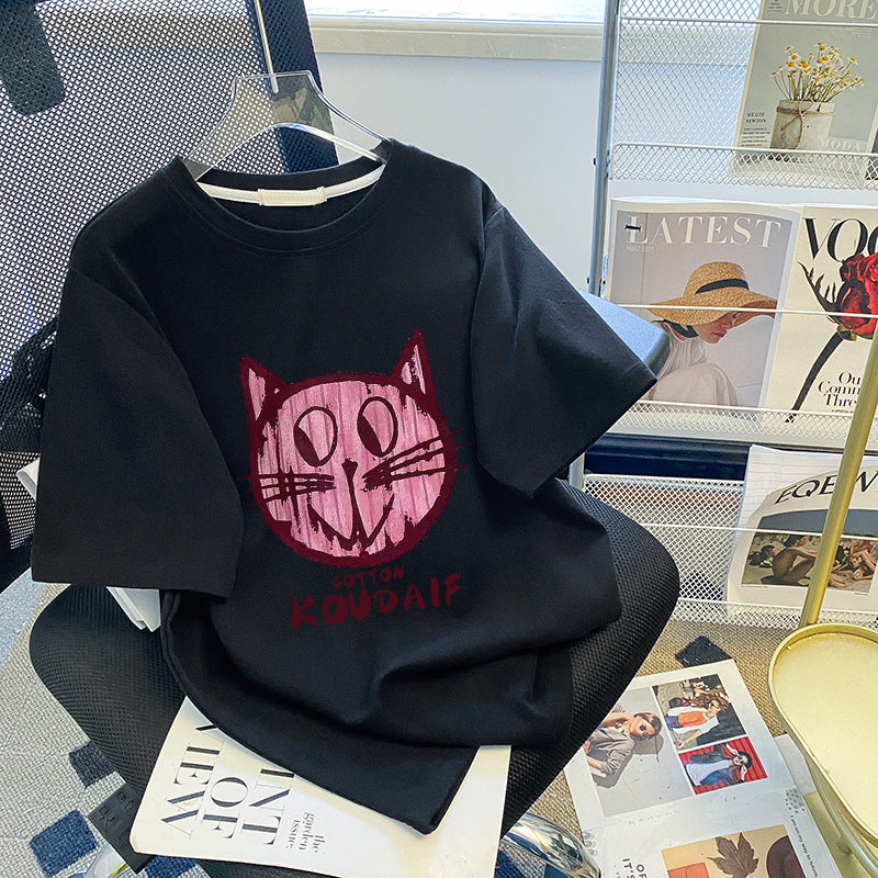 Dame T-shirt med kreativt kattemotiv og afslappet pasform Stilla