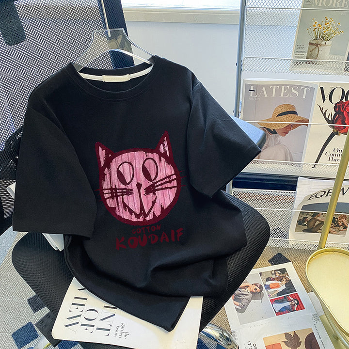 Dame T-shirt med kreativt kattemotiv og afslappet pasform Stilla