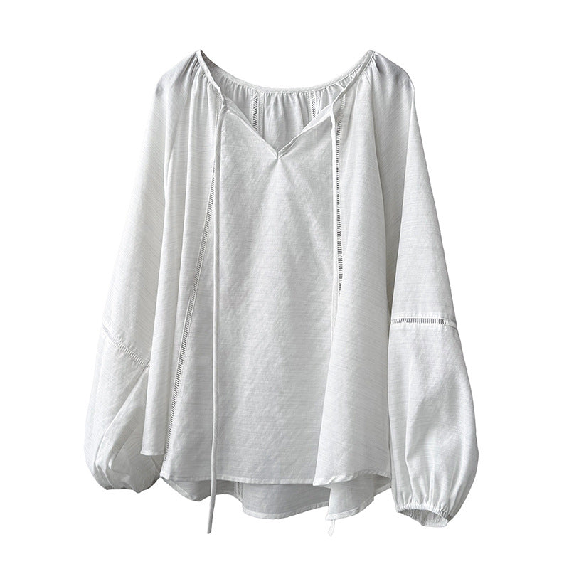 Dame casual oversized bluse med elegante pufærmer og V-udskæring Stilla