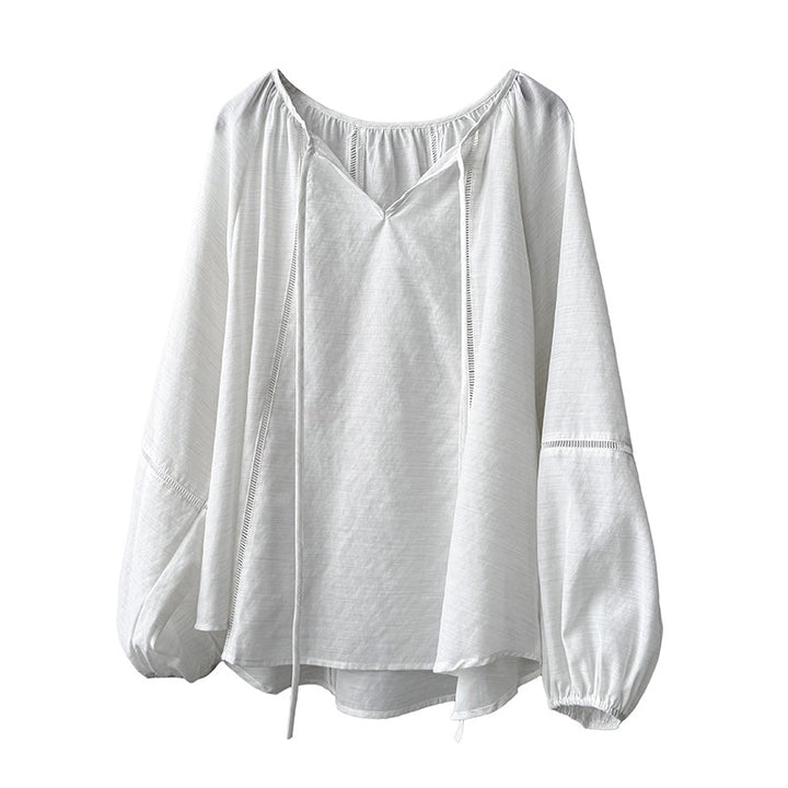 Dame casual oversized bluse med elegante pufærmer og V-udskæring Stilla