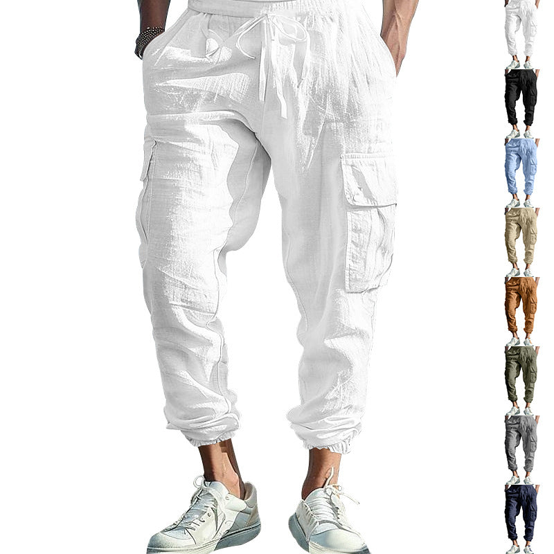 Herren nan afslappede linned cargo joggers med snoretræk, store klaplommer og elastisk ankelafslutning Skovae