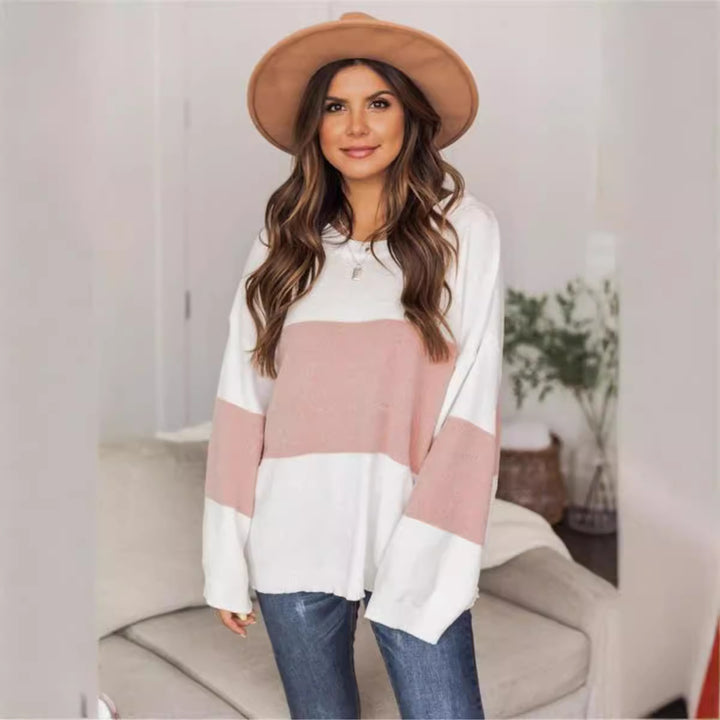 Dame afslappet grovstrikket sweater med moderne stribemønster og bredt skårne ærmer Stilla