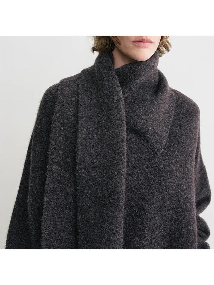 Dame elegant strikpullover med smart krave og integreret tørklæde Stilla