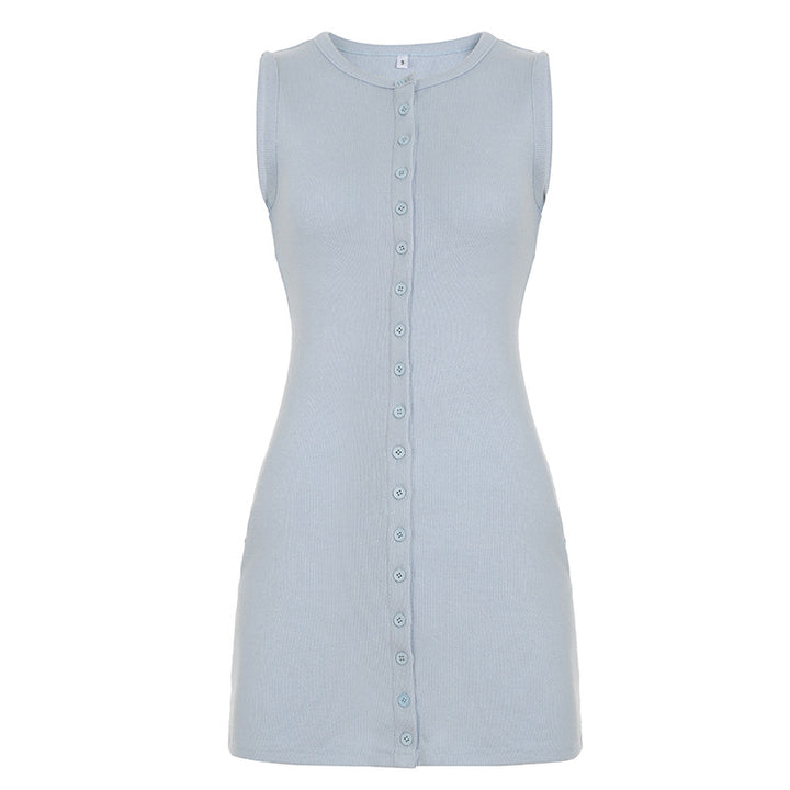 Dame ærmeløs kjole med gennemgående knaplukning og figurformende snit Skovae