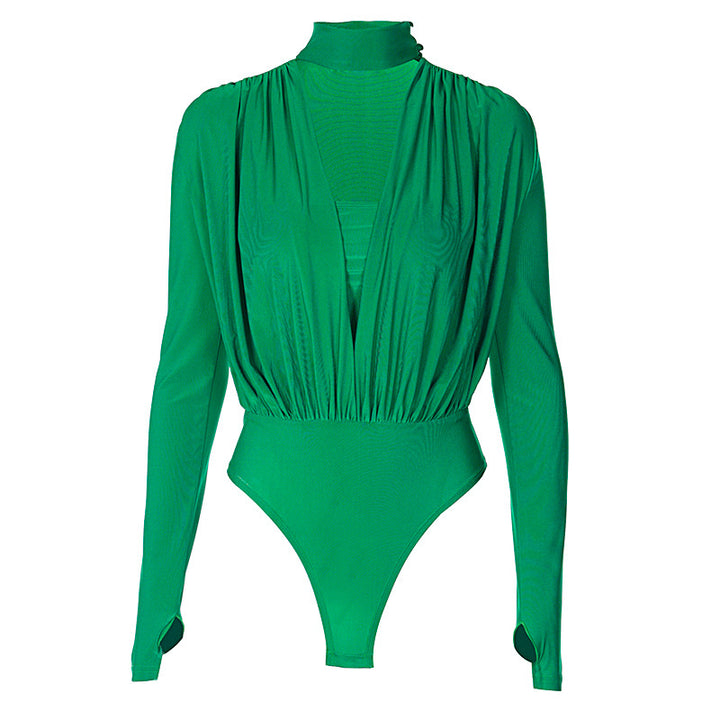 Dame Elegant Langærmet Bodysuit med højtstående Krave og gennemsigtig Indsats Stilla