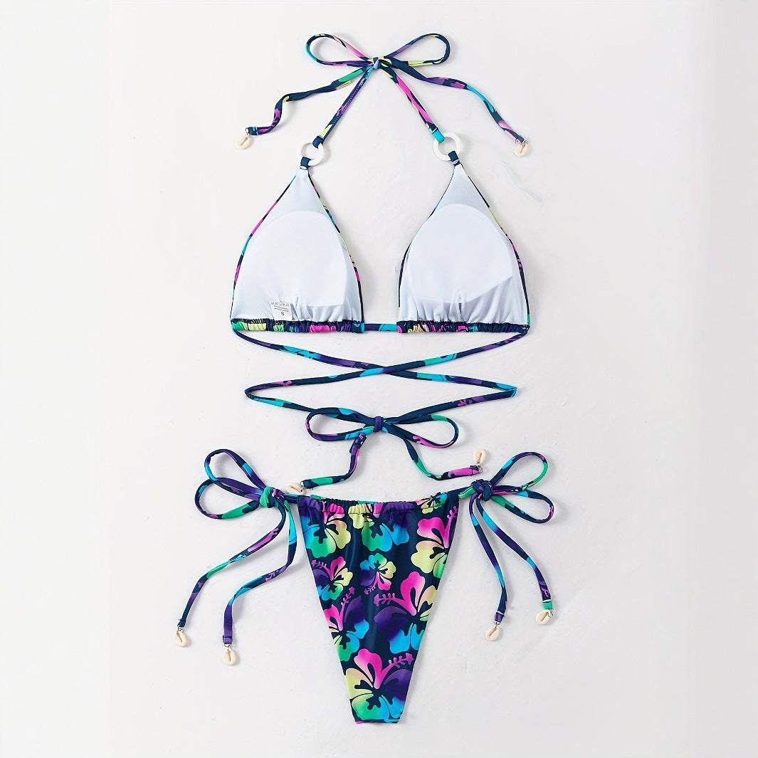 Dame Triangel-Bikini-Sæt med legende blomsterdesign og justerbare stropper Stilla