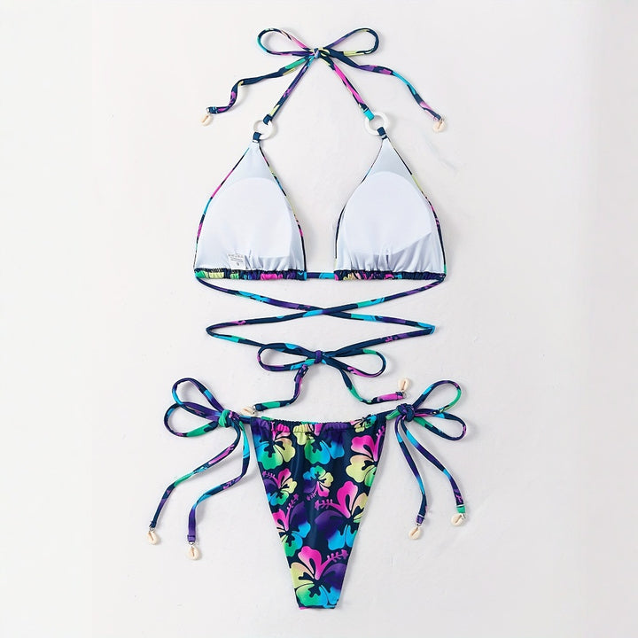 Dame Triangel-Bikini-Sæt med legende blomsterdesign og justerbare stropper Stilla