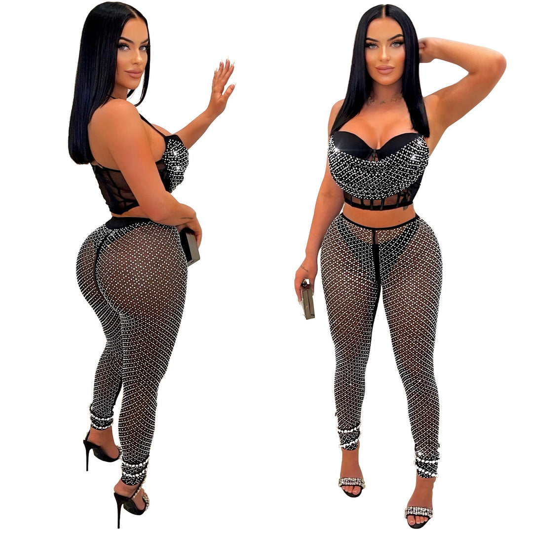 Dame Glitrende Crop-Top og Leggings Sæt med Rynker og Gennemsigtigt Design Stilla