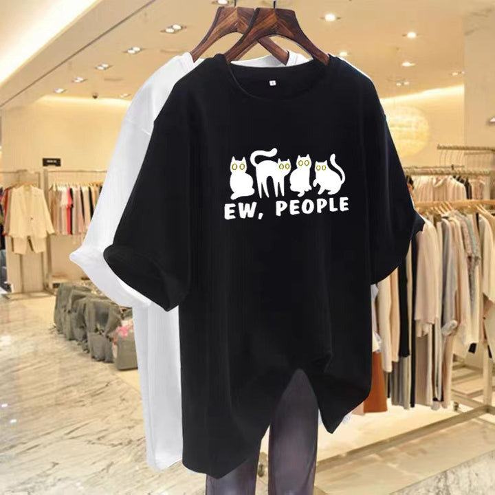 Dame T-shirt med humoristisk katte-design og casual pasform Stilla