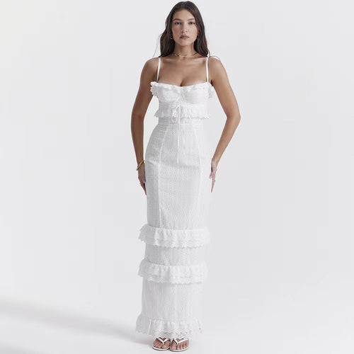 Dame elegant spidsmaxikjole med ruffle detaljer og smalle spaghetti stropper Skovae