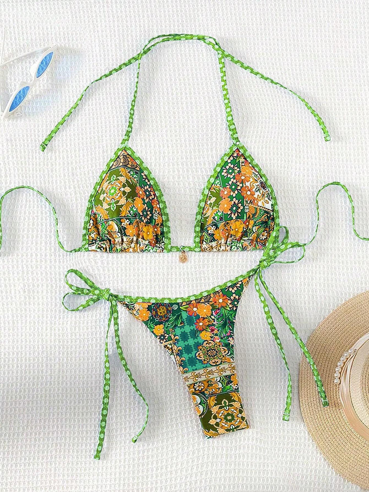 Dame triangel-bikini med farverigt blomster mønster mix og justerbare stropper Skovae