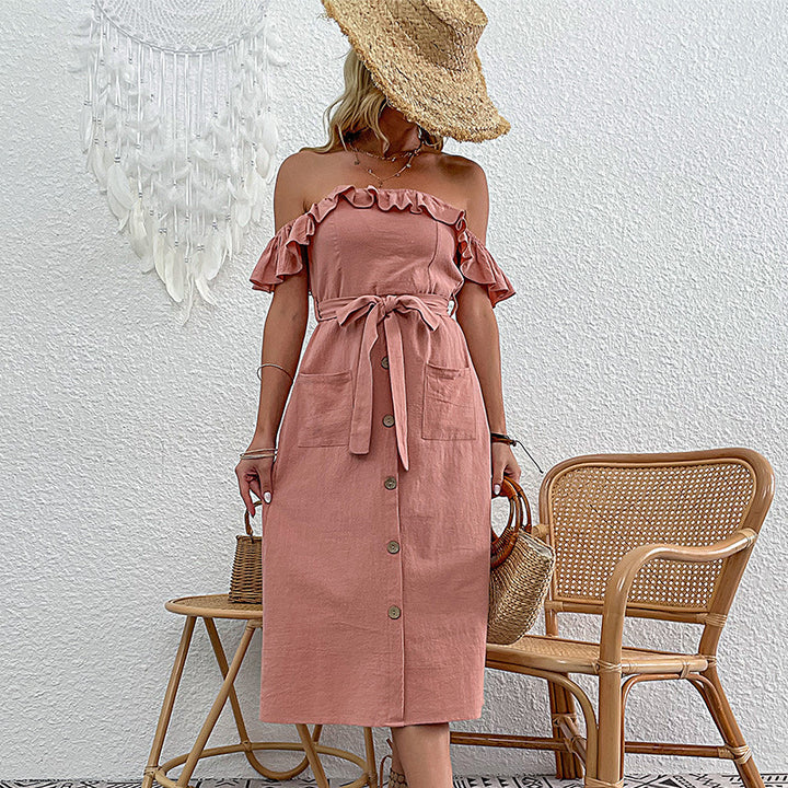 Kvinders Off-Shoulder Midi Kjole med Rynkedetaljer og Båndbelte Stilla