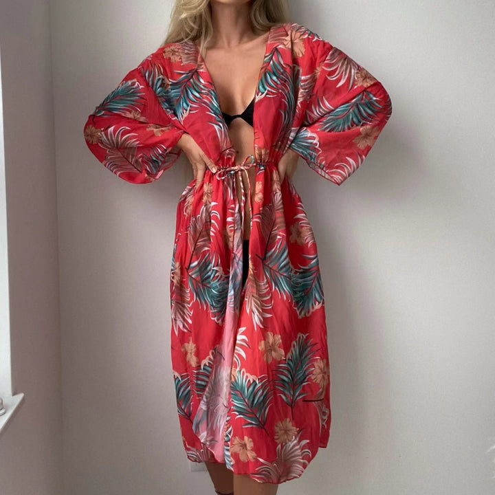 Dame let luftigt strandkimono med blomstermotiver Skovae