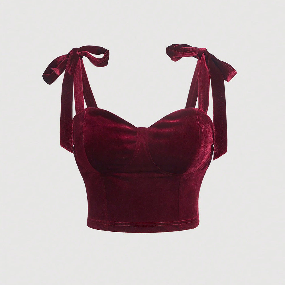Dame Cropped Top i fløjlsagtigt materiale med dekorativ snørebånd Stilla