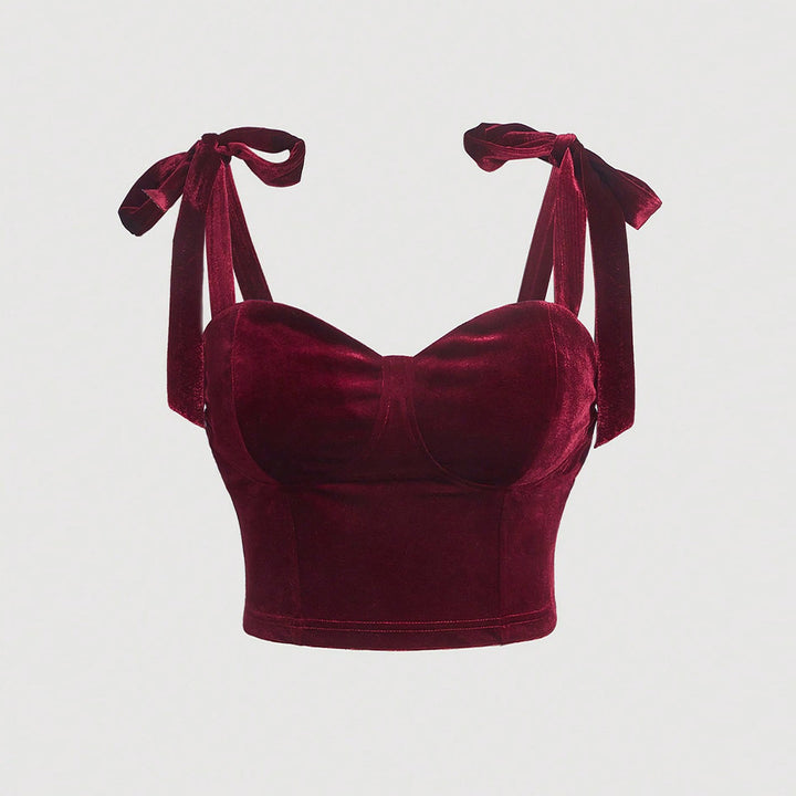 Dame Cropped Top i fløjlsagtigt materiale med dekorativ snørebånd Stilla
