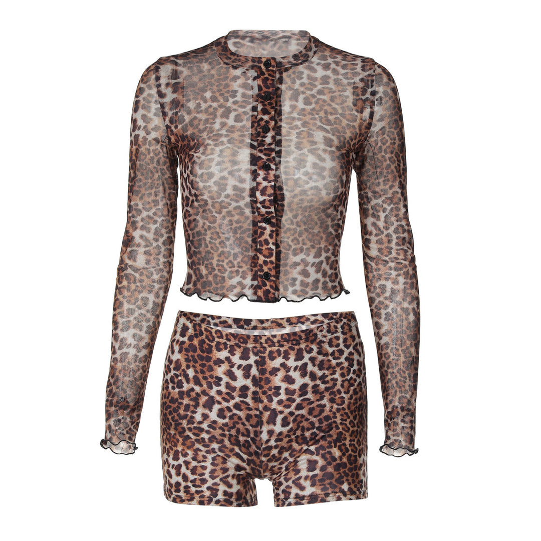Dame Gennemsigtig Leopardmønster Bluse og Shorts Sæt Skovae