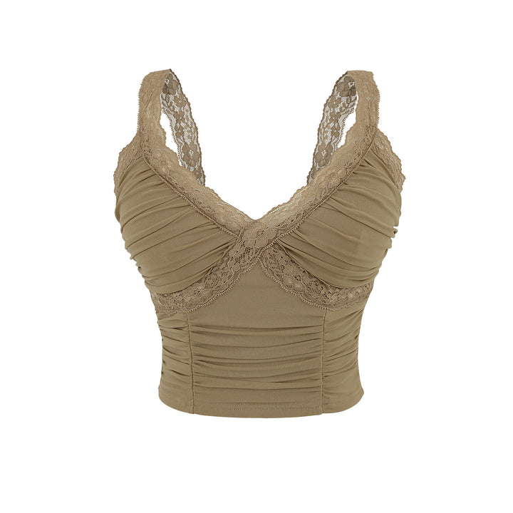 Dame Spaghetti-strop Crop Top med elegant blondekant og raffinerede flæsedetaljer Stilla