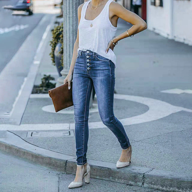 Dame High-Waist Jeans med knaplukning og elegant silhuet Stilla