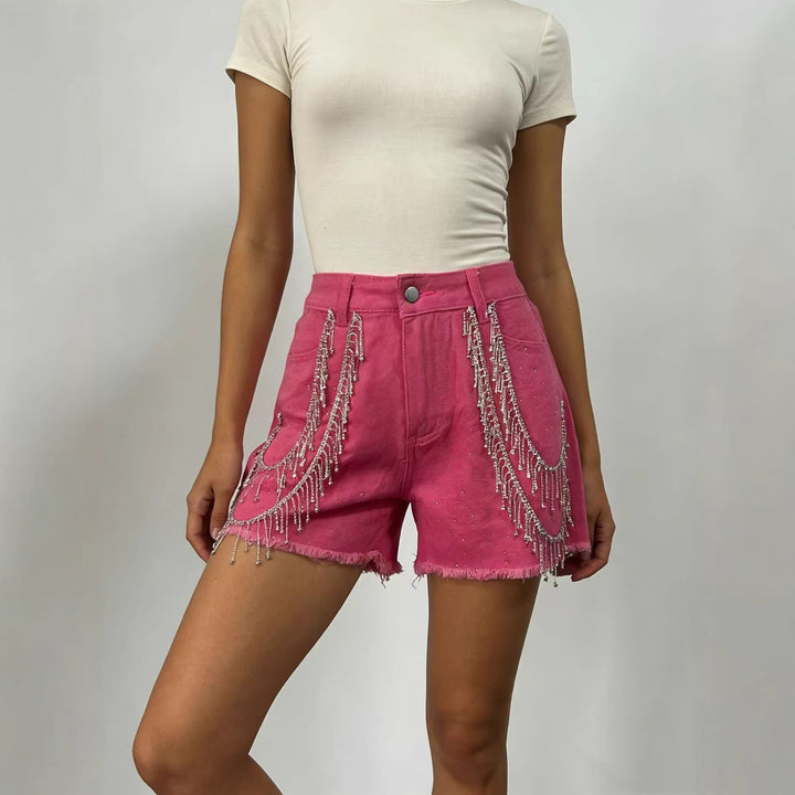 Dame Designer Denim-shorts med trendy kædeudsmykninger Skovae