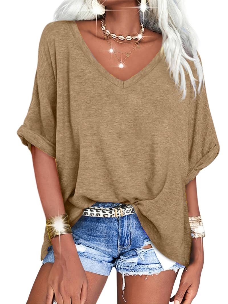Dame afslappet V-hals T-shirt med oversized snit og plisseret detalje Stilla