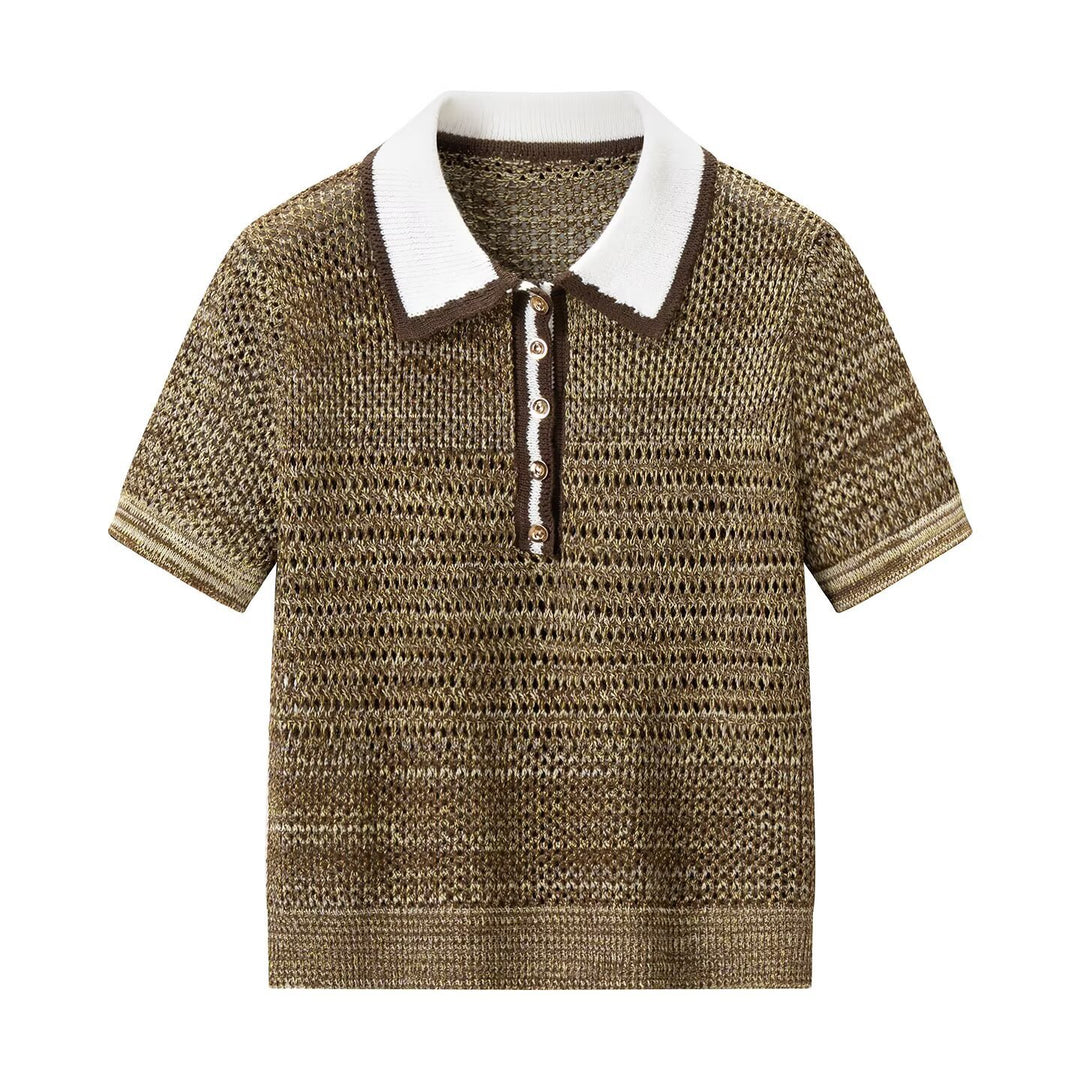 Dame polo-shirt med dekorativt strikmønster og klassisk krave Skovae