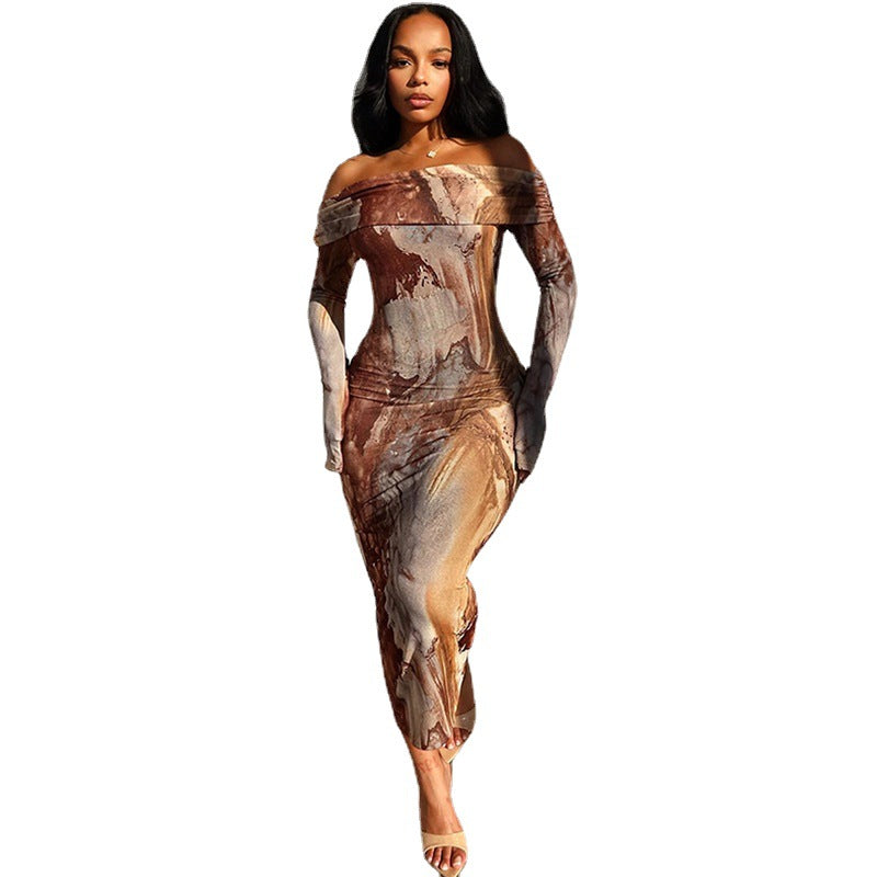 Kvinder Off-Shoulder abstrakt Midi Kjole Stilla