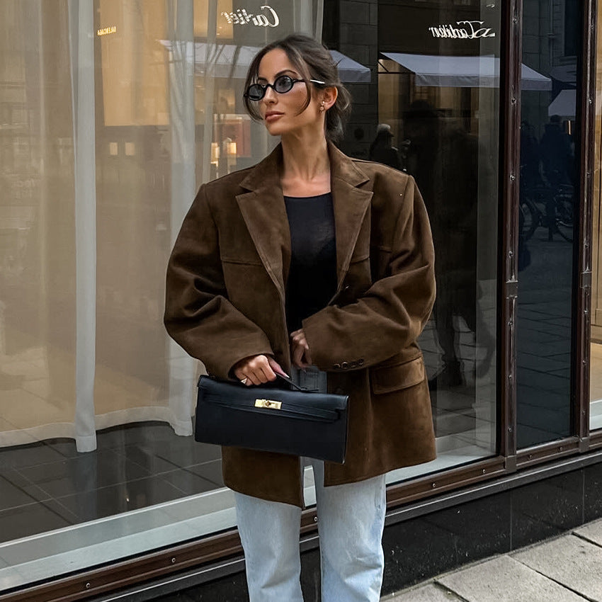 Dame Oversized Blazerjakke i Kunstlæder med elegante detaljer Stilla
