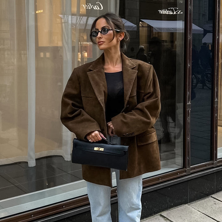 Dame Oversized Blazerjakke i Kunstlæder med elegante detaljer Stilla