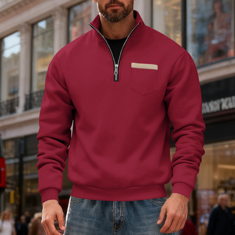 Herren nan sweatshirt med halv lynlås, ståkrave og brystlomme Skovae