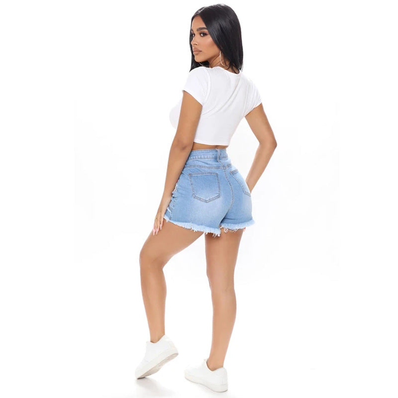 Dame Jeans-Shorts i kreativ patchwork-design med frynset kanter Stilla