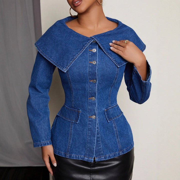 Dame Designer Denim Blazer Jakke med Bred Krave og Praktiske Lommer Stilla