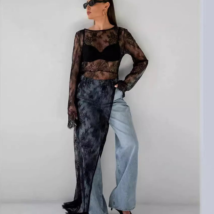 Dame gennemsigtig spidsbluse med figursyet tanktop og elegante detaljer Stilla