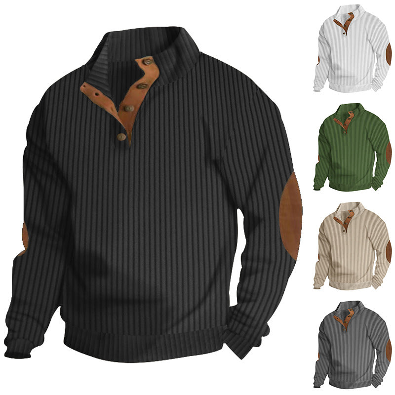 Herren nan struktureret rib-pullover med kort knapkrave og suede albue-patches Skovae