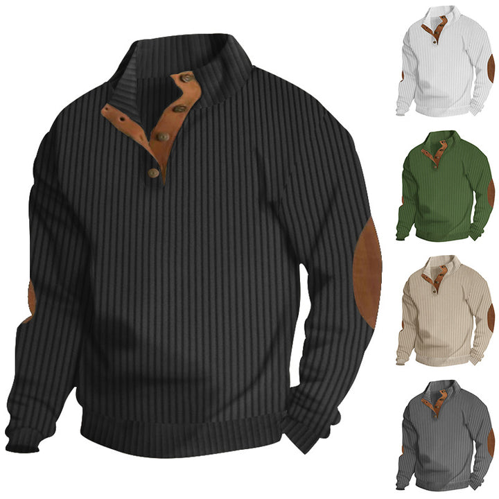 Herren nan struktureret rib-pullover med kort knapkrave og suede albue-patches Skovae
