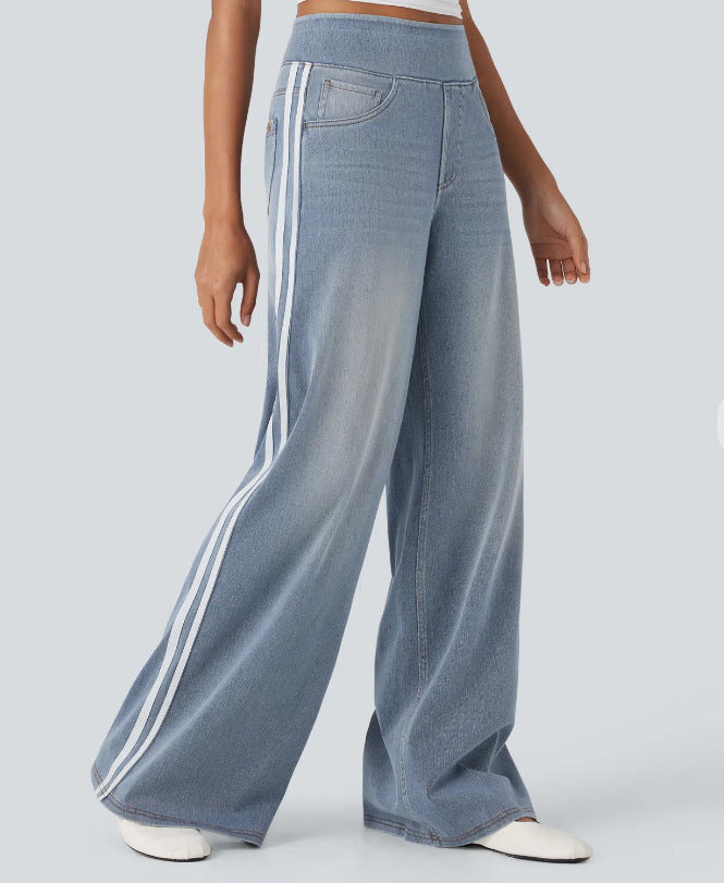Damerne let baggy joggingbukser i jeanslook med elastisk komforttalje, sidelæssede kontraststriber og stiklommer Skovae