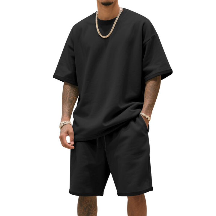Herrer afslappet jersey-sæt med forlænget rundhalset T-shirt og elastiske snoretræk-shorts Skovae