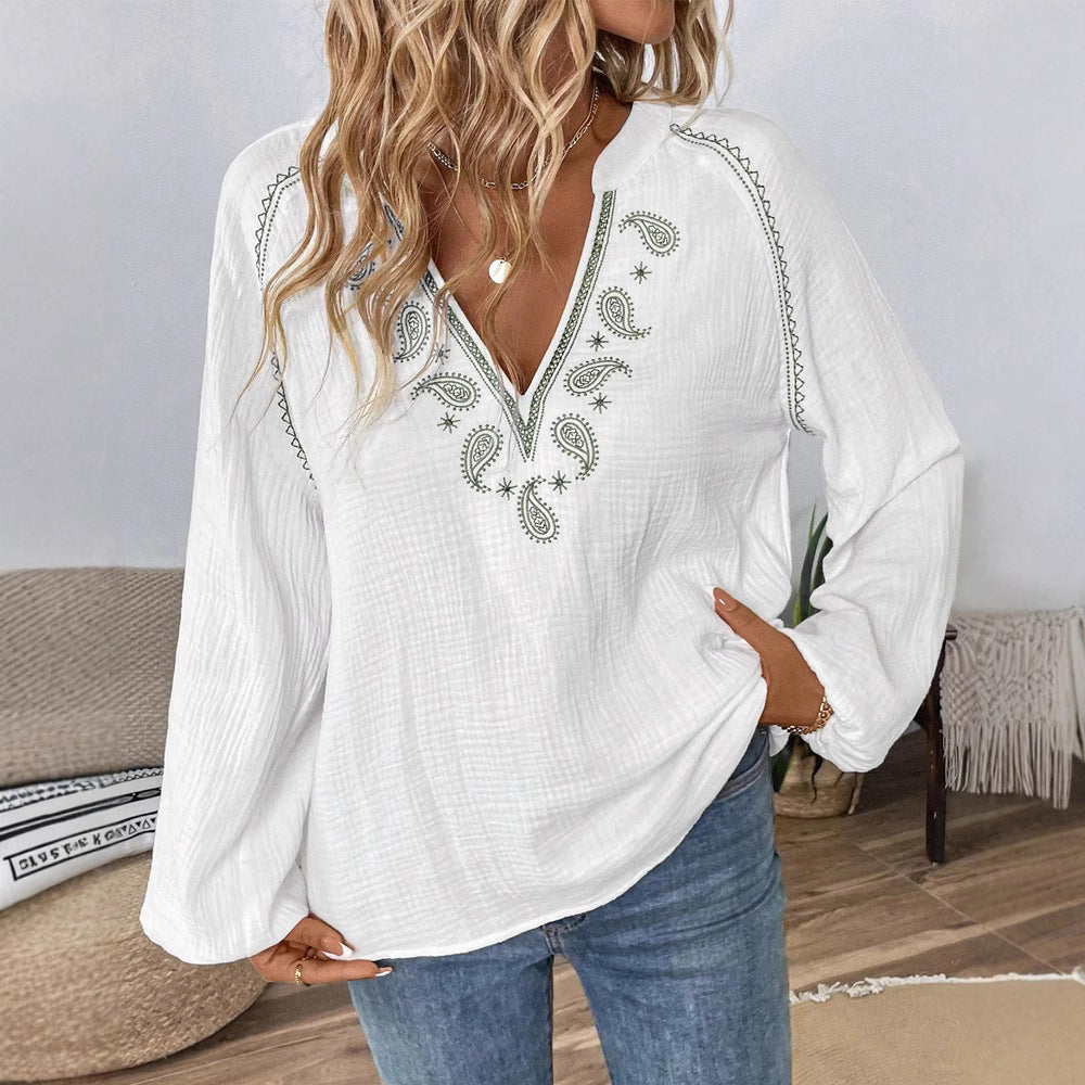 Dame nan bestickede bomulds-gauze tunika-bluse med ornamenteret V-udskæring broderi og trompetærmer Skovae
