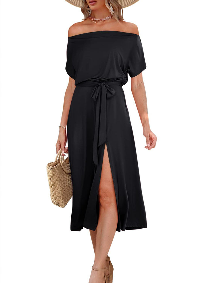 Dame elegant Midi-kjole med split og off-shoulder design Stilla