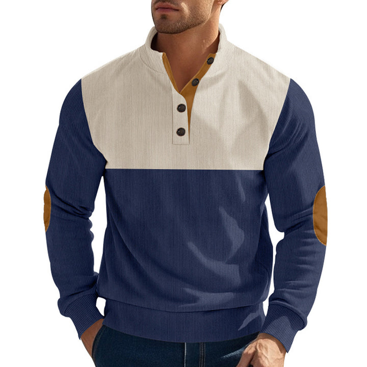 Herrer nan ribstrikket sweater med ståkrave knapliste og læderalbue-patches Skovae