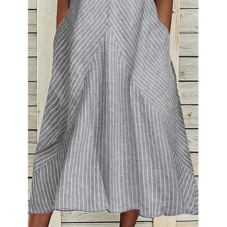Dame ærmeløs A-formet midikjole med ruffle-V-hals diagonalt stribet linned-look og sidelommer Skovae