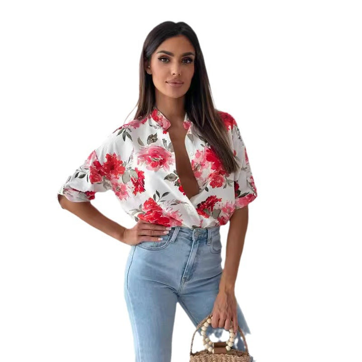 Dame blomster mønster knap-bluse Stilla