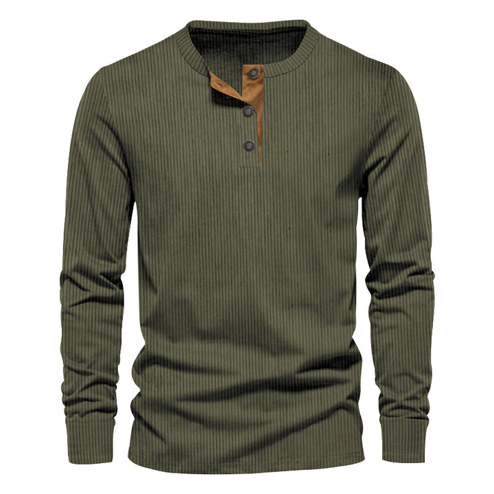 Herren nan ribbet Thermo-Henley med kontrastknapliste og ribbede manchetter Skovae