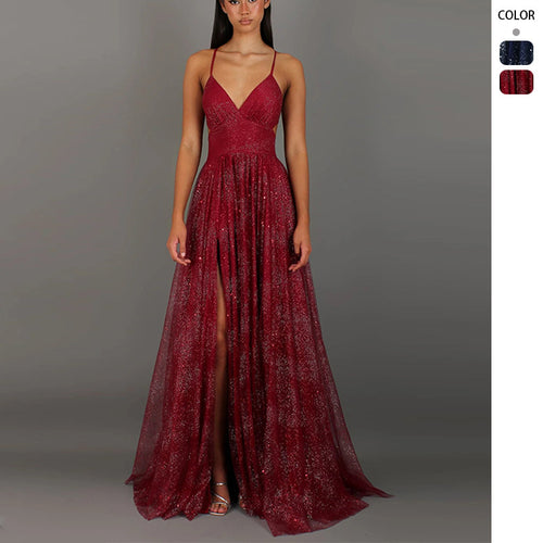 Kvinder Elegant Aftenkjole med Glamourøs V-hals og Funklende Tyll Stilla
